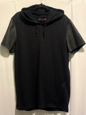G By Guess - Hooded Shirt With Faux Leather Short Sleeves Black - Large